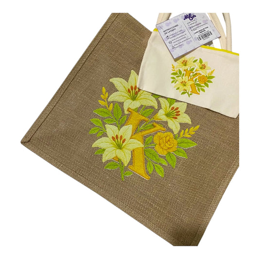 Combo Inicial K ✨ Flores Amarillas - Sombrero Fedora + Tote Bag + Cartuchera | Personalizado