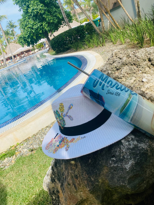 ✨ Glam Hat Blanco Flores Multicolor + Skinny Tumbler