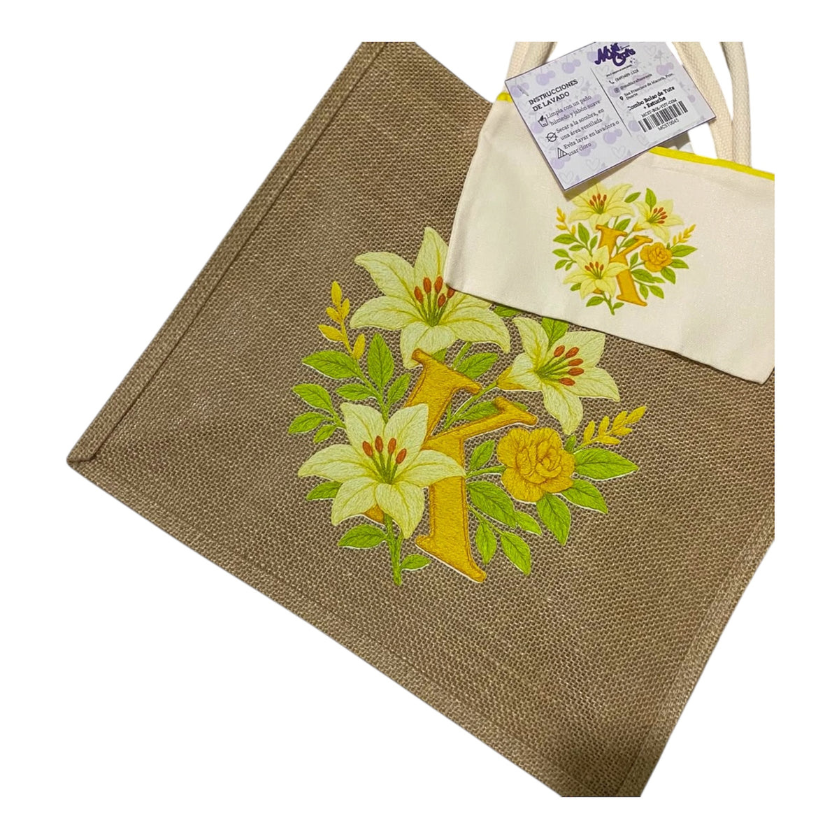 Combo Inicial K ✨ Flores Amarillas - Sombrero Fedora + Tote Bag + Cartuchera | Personalizado