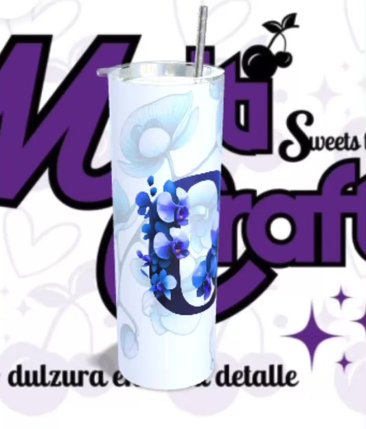 Tumbler Inicial Floral Azul | Edición Orquídeas 20oz
